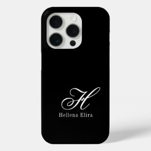 Modern Black White Monogram Name iPhone 15 Pro Case