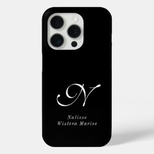 Modern Black White Monogram Name iPhone 15 Pro Case