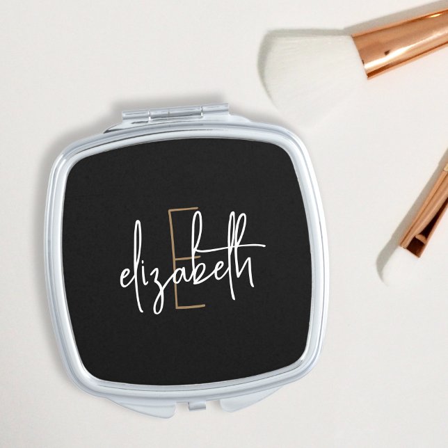 Modern Black White Monogram Name Compact Mirror (Creator Uploaded)