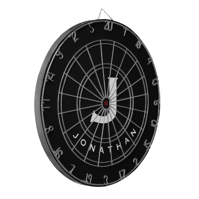 Modern Black White Monogram Name Dart Board (Front Left)