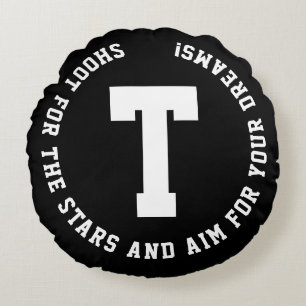 Modern Black White Monogram Name Initial Bold Typo Round Pillow