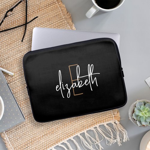 Modern Black White Monogram Name Laptop Sleeve