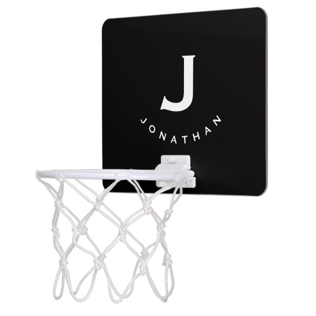 Modern Black White Monogram Name Mini Basketball Hoop (Left)