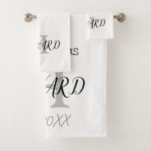 Modern Black White Monogram Name Newlyweds  Bath T Towel Set