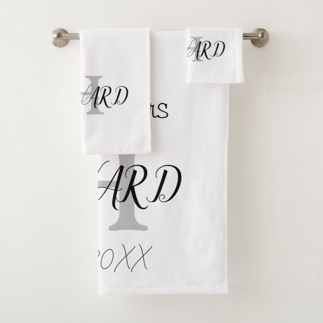 Modern Black White Monogram Name Newlyweds  Bath T Towel Set (Insitu)