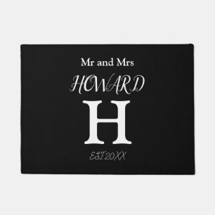 Modern Black White Monogram Name Newlyweds Doorma Doormat