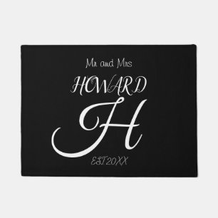 Modern Black White Monogram Name Newlyweds  Doorma Doormat