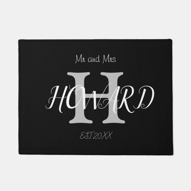 Modern Black White Monogram Name Newlyweds  Doorma Doormat (Front)