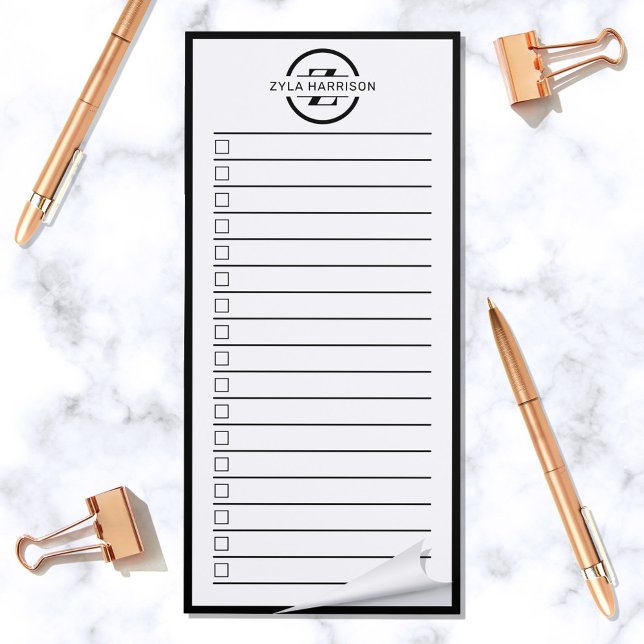 Modern Black White Monogram Name To Do List  Magnetic Notepad (Simple black and white notepad with to do list and monogram at top)