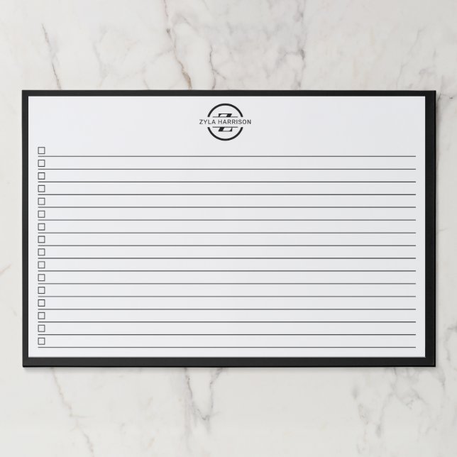 Modern Black White Monogram Name To Do List Paper Pad (Front)