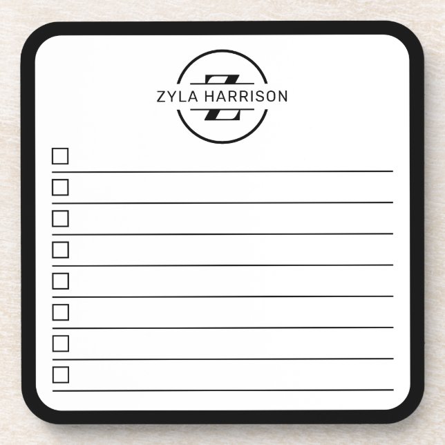 Modern Black White Monogram Name To Do Whiteboard Beverage Coaster (Front)