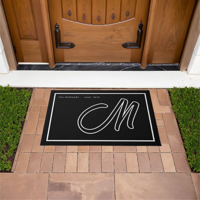 Modern Black White Monogram Script Family Name Doormat (Outdoor)