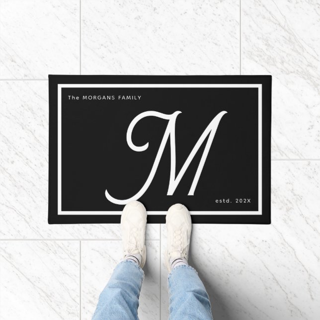 Modern Black White Monogram Script Family Name Doormat (Indoor)