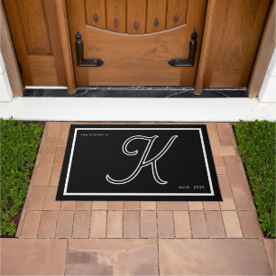 Modern Black White Monogram Script Family Name Doormat