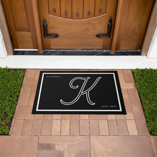 Modern Black White Monogram Script Family Name Doormat (Outdoor)