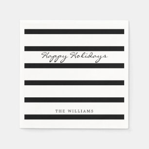 Modern Black & White Monogram Stripe Happy Holiday Napkins
