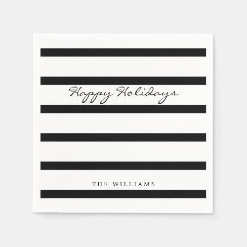 Modern Black  White Monogram Stripe Happy Holiday Napkins