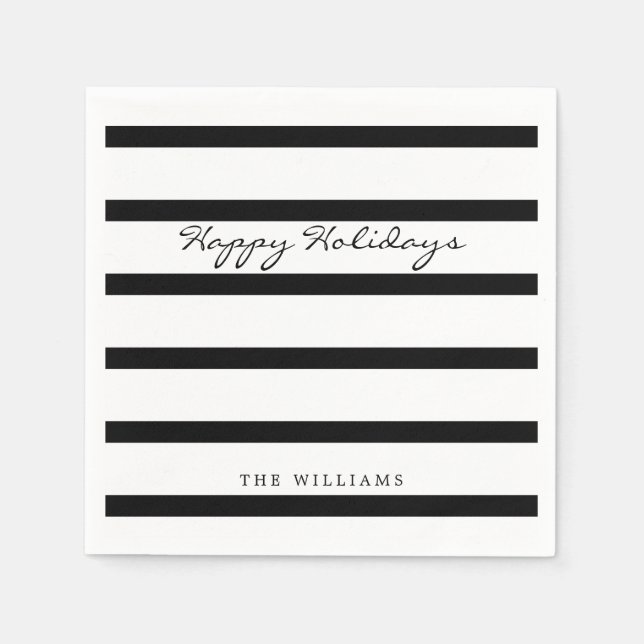 Modern Black & White Monogram Stripe Happy Holiday Napkins (Front)