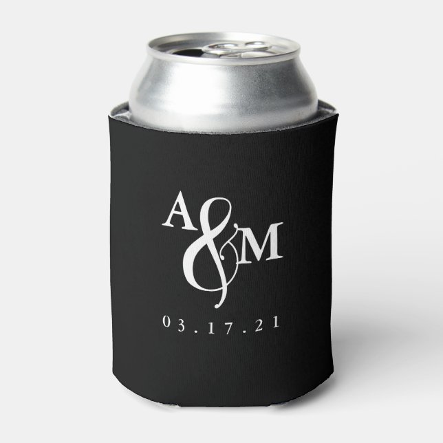 Modern Black & White Monogram Wedding Can Cooler (Can Front)