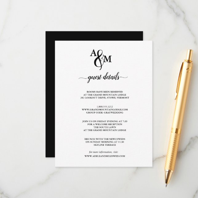 Modern Black & White Monogram Wedding Enclosure Card (Front/Back In Situ)
