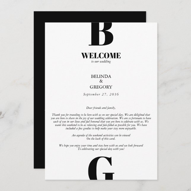 Modern Black & White Monogram Wedding Itinerary Program (Front/Back)