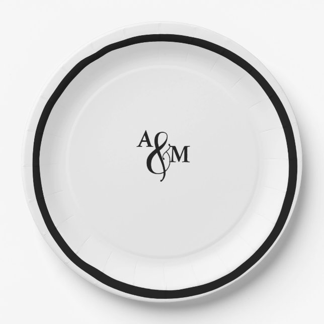 Modern Black & White Monogram Wedding Paper Plates (Front)