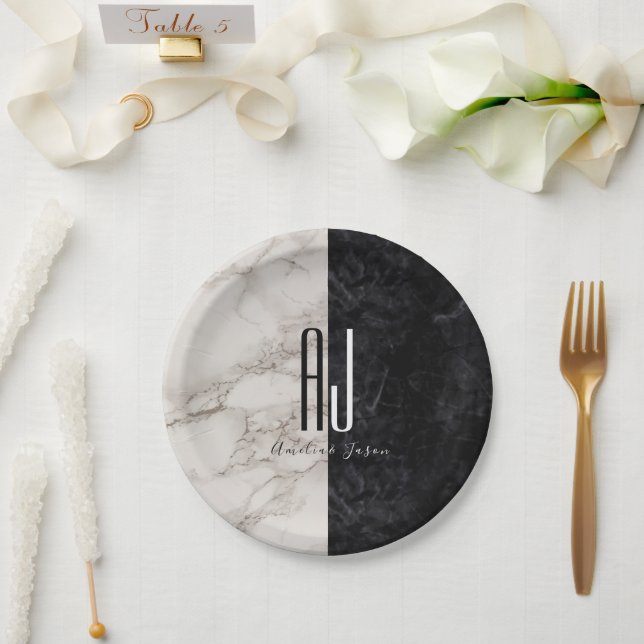 Modern Black White Monogram Wedding Paper Plates (Wedding)