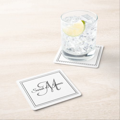 Modern Black  White Monogram Wedding Party Square Paper Coaster