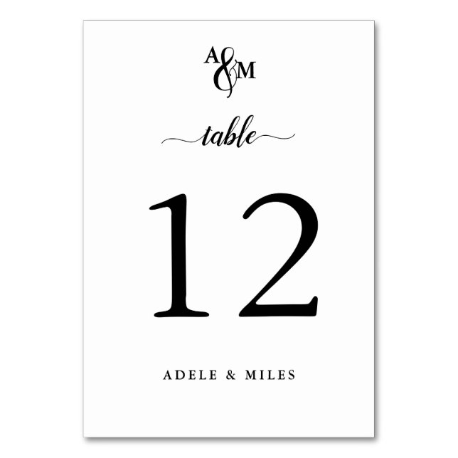 Modern Black & White Monogram Wedding Table Number (Front)
