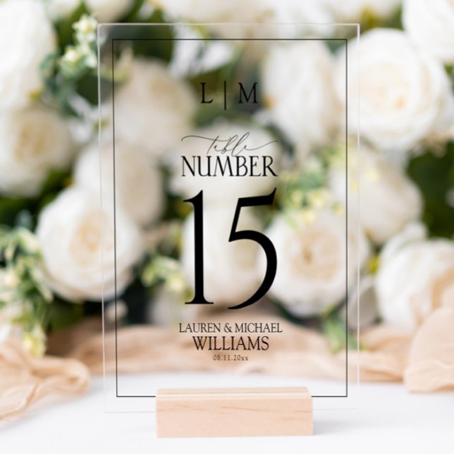 Modern Black & White Monogram Wedding Table Number Acrylic Sign (Creator Uploaded)
