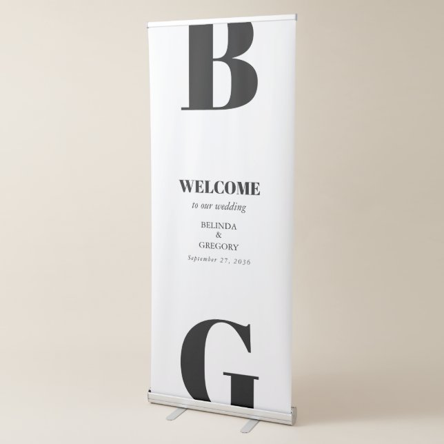 Modern Black & White Monogram Wedding Welcome  Retractable Banner (3/4)