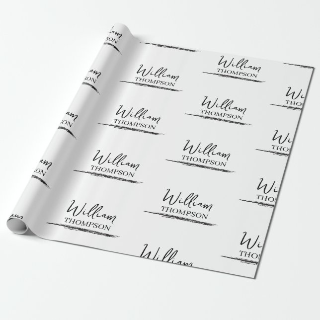 Modern Black & White Monogrammed Name Wrapping Paper (Unrolled)