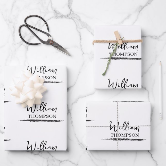 Modern Black & White Monogrammed Name Wrapping Paper Sheets (Front)