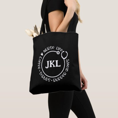 Modern Black White Monogrammed Stethoscope Nurse  Tote Bag