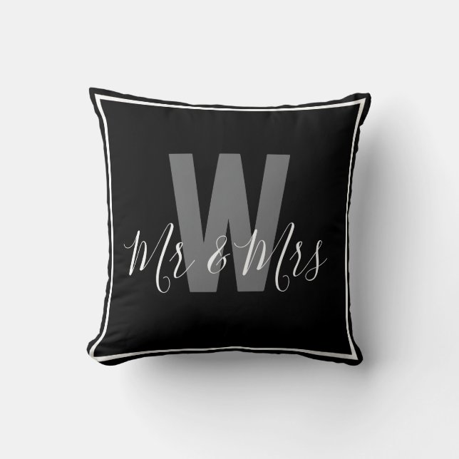 Modern Black White Mr Mrs Monogram Border Throw Pillow (Front)