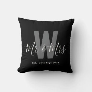 Modern Black White Mr Mrs Monogram Date Throw Pillow