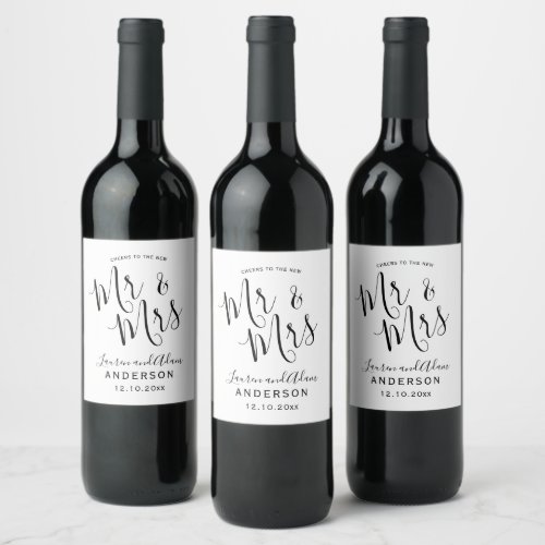 Modern Black  White Mr  Mrs Wedding  Wine Label