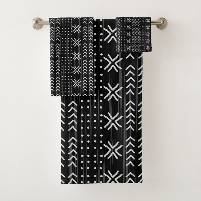 Modern Black White Mudcloth African Pattern Bath Towel Set (Insitu)