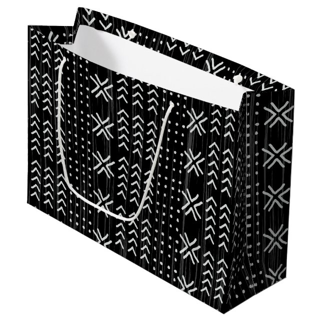 Modern Black White Mudcloth African Pattern Large Gift Bag (Front Angled)