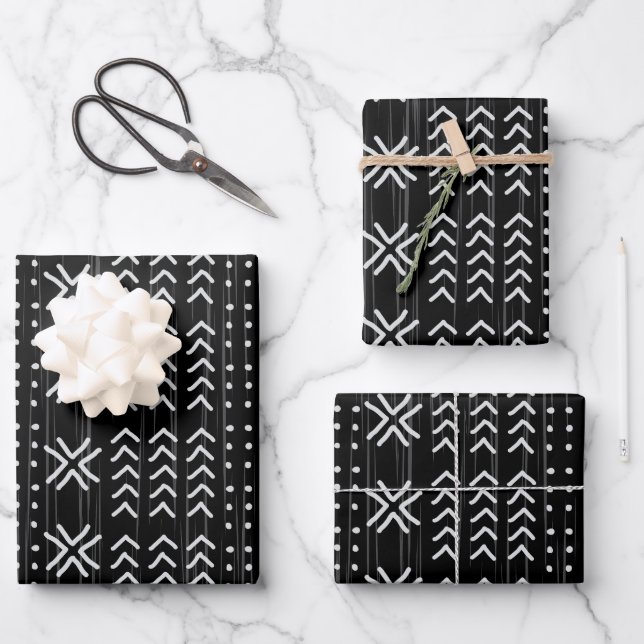 Modern Black White Mudcloth African Pattern Wrapping Paper Sheets (Front)