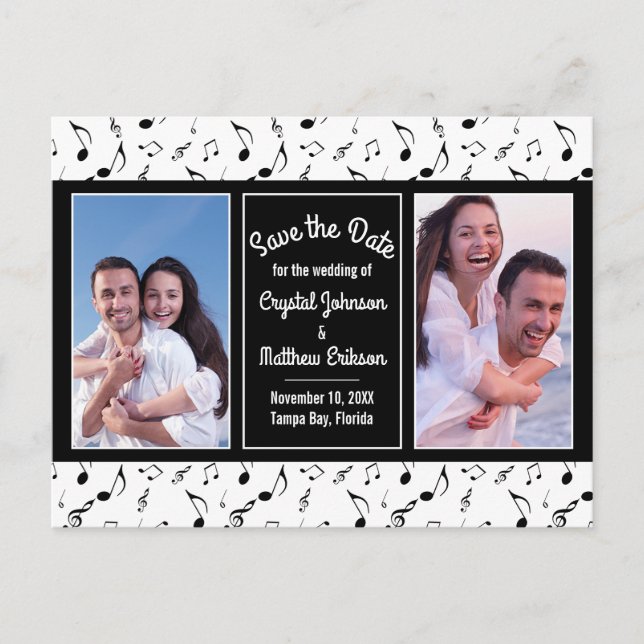Modern Black White Music Notes Photo Save the Date (Front)