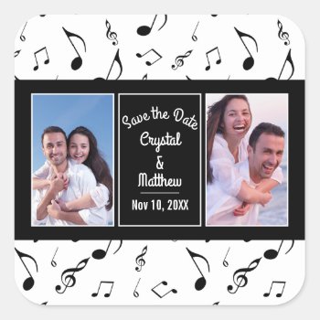 Modern Black White Music Notes Photo Save The Date Square Sticker by wasootch at Zazzle