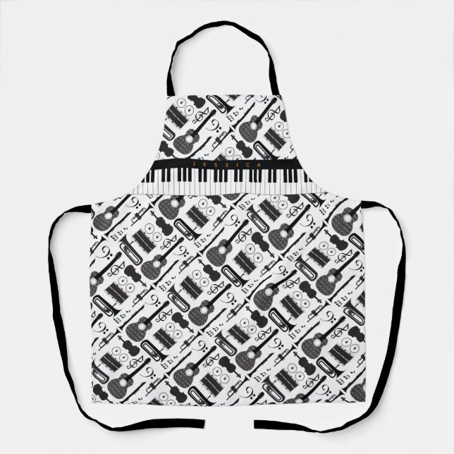 Modern Black & White Musical Instruments Pattern Apron (Front)