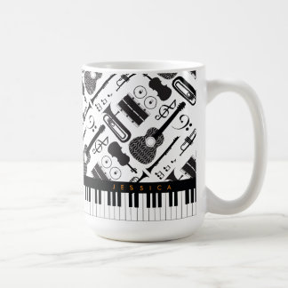 Modern Black & White Musical Instruments Pattern Coffee Mug