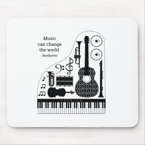 Modern Black  White Musical Instruments Pattern Mouse Pad