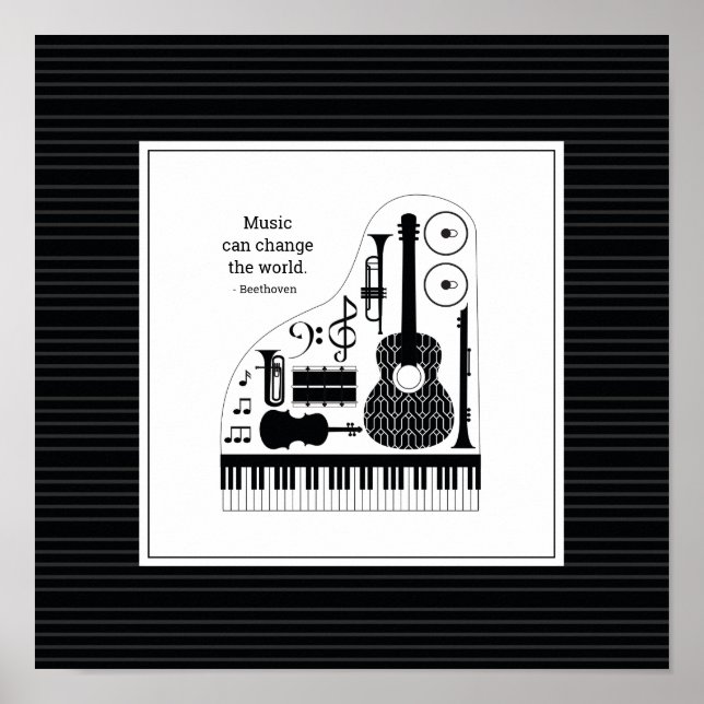 Modern Black & White Musical Instruments Pattern Poster (Front)