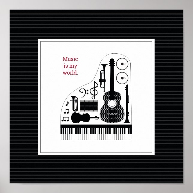 Modern Black & White Musical Instruments Pattern Poster (Front)