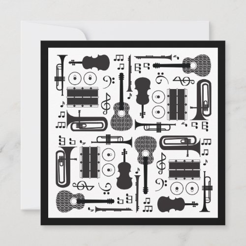 Modern Black  White Musical Instruments Pattern Thank You Card