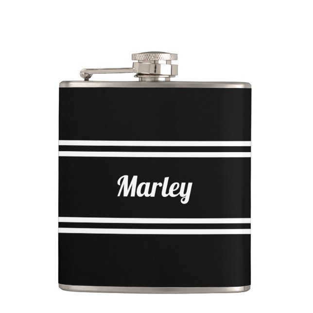 Modern Black & White Name  Flask (Front)