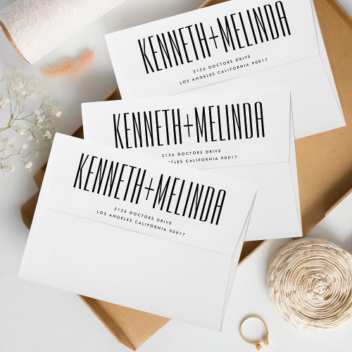 Modern Black White Names Return Address Wedding Envelope